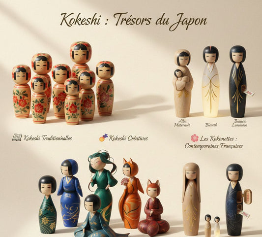Poupées Kokeshi japonaises traditionnelles en bois et Kokonettes modernes françaises