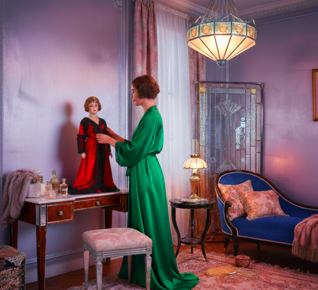 Poupée boudoir Art Déco années 1920 élégance vintage collection décorative intérieur luxe robe soie style rétro femme glamour