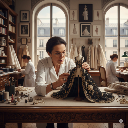 Atelier haute couture Paris artisan miniature robe Chanel Dior Balenciaga savoir-faire français broderie main métiers art luxe création