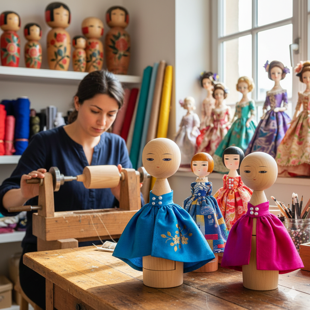Atelier artisan poupées kokeshi japonaises artisanat français bois tourné main création poupées art collection édition limitée savoir-faire traditionnel