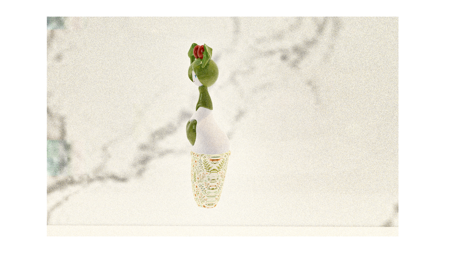Denise designer toy profil - Détail couronne florale et silhouette art doll nature, pièce de collection contemporaine made in France"