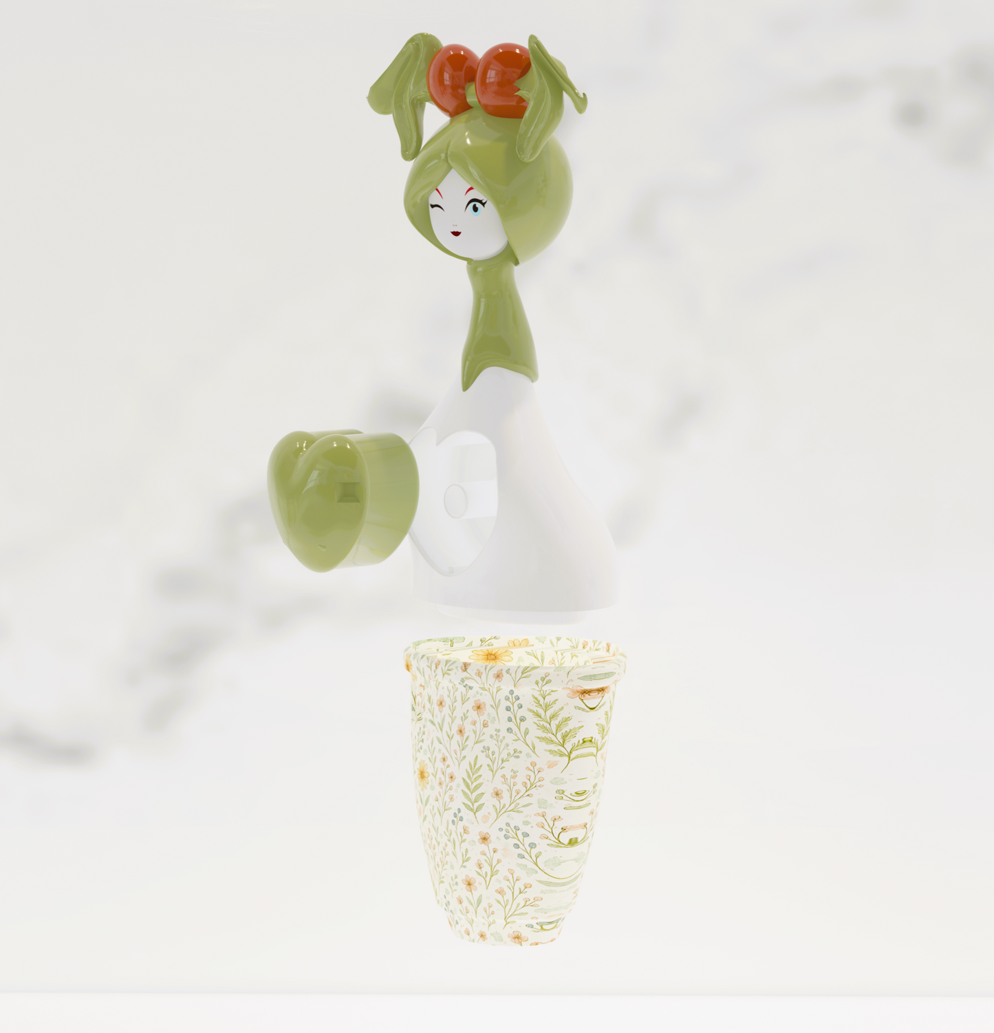 Denise art doll trois-quarts - Kokonette designer toy vert émeraude avec cœur botanique visible et couronne florale délicate"