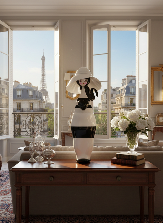 "Sophie Kokonette élégance parisienne poupée art haute couture française robe noir blanc rouge chapeau collection numérotée artisanat"