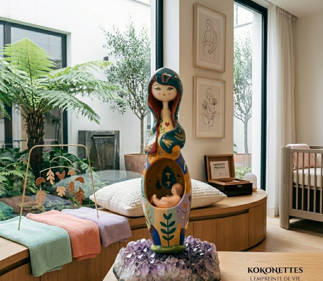 Poupée Kokonette Alba Maternité – Art doll kokeshi enceinte blanc ivoire et doré, made in France
