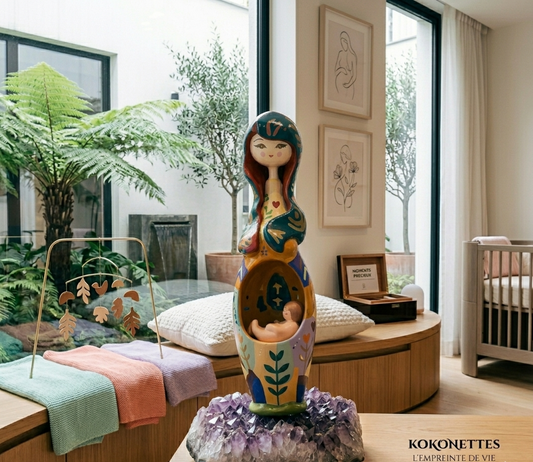 Poupée Kokonette Alba Maternité – Art doll kokeshi enceinte blanc ivoire et doré, made in France
