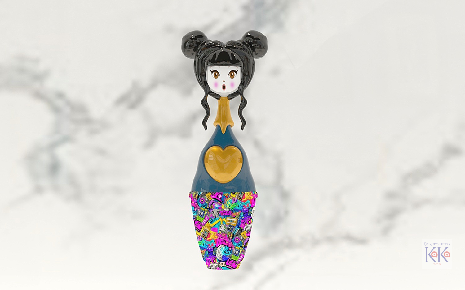 Amandine art doll by Les Kokonettes - Handcrafted French designer toy featuring minimalist blue silhouette, golden heart, and vibrant psychedelic multicolor skirt - Unique collectible art piece made in France
