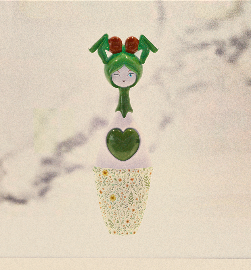 Denise kokonette face - Art doll botanique aux teintes vert pomme, création artisanale française avec motifs floraux raffinés"