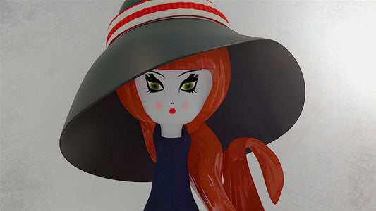 Nadine art doll parisienne - Kokonette designer toy noir blanc rouge avec chapeau théâtral et cœur anatomique