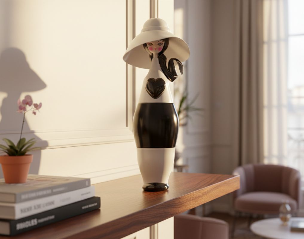 "Poupée design Sophie profil style Chanel kokeshi française robe bicolore noir blanc collection art doll premium"